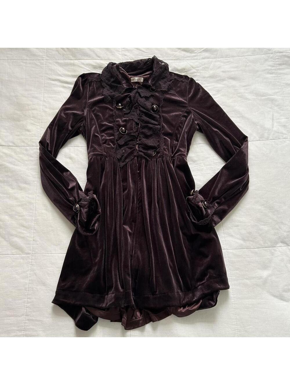 Axes Femme purple brown velvet dress look jacket with lace trim and hook front